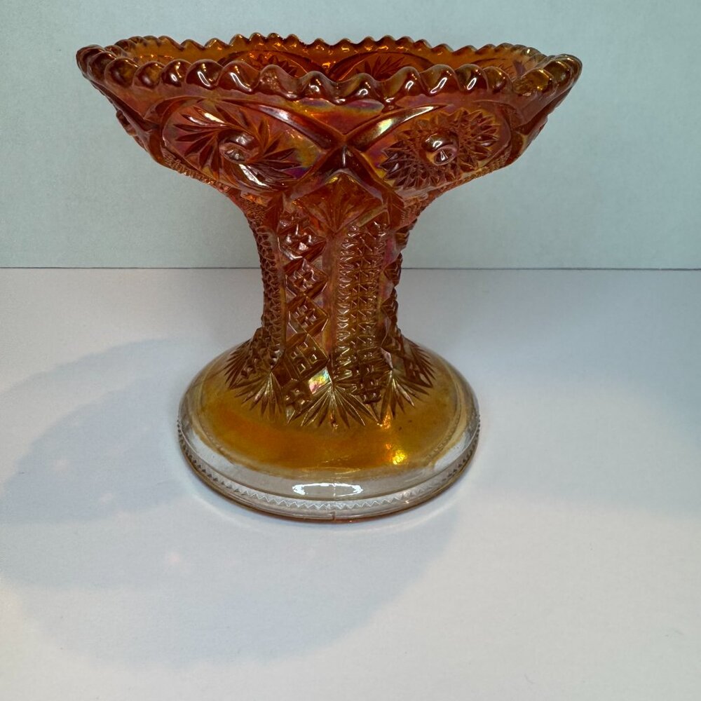 Vintage Marigold Amber Luster Carnival Glass Compote Vase Imperial Hobstar